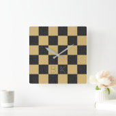 Black Gold Glitter Checkered Chic Trendy Monogram Vierkante Klok (Huis)