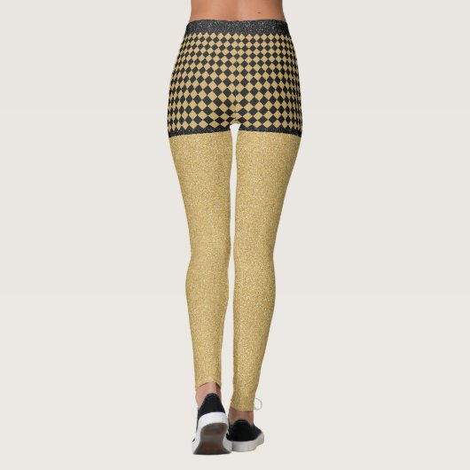 Black Gold Glitter Checkered Girly Trendy Pattern Leggings (Achterkant)