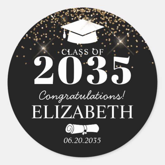 Black Gold Glitter Class of Afstudeerder Graduatio Ronde Sticker (Voorkant)