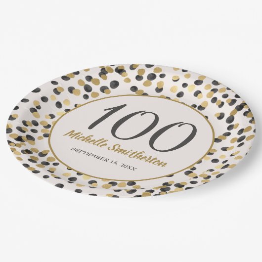 Black Gold Glitter Confetti 100th Birthday Papieren Bordje (Gekanteld)