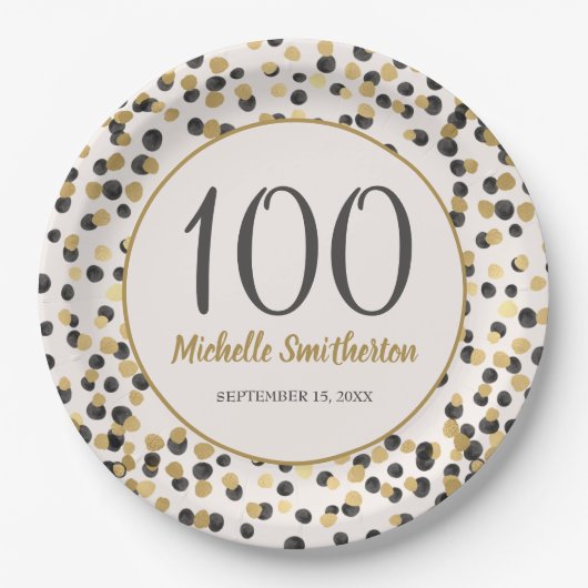 Black Gold Glitter Confetti 100th Birthday Papieren Bordje (Voorkant)