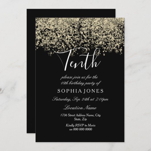 Black Gold Glitter Confetti 10e verjaardag Kaart (Voorkant / Achterkant)