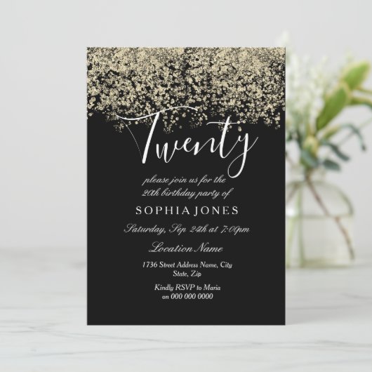 Black Gold Glitter Confetti 20e verjaardag Kaart (Staand voorkant)
