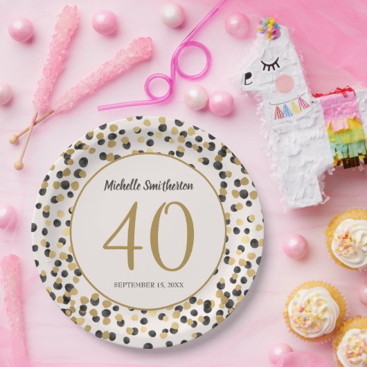 Black Gold Glitter Confetti 40th Birthday Papieren Bordje (Feest)