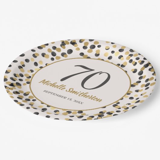 Black Gold Glitter Confetti 70th Birthday Papieren Bordje (Gekanteld)