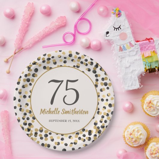 Black Gold Glitter Confetti 75th Birthday Papieren Bordje (Feest)