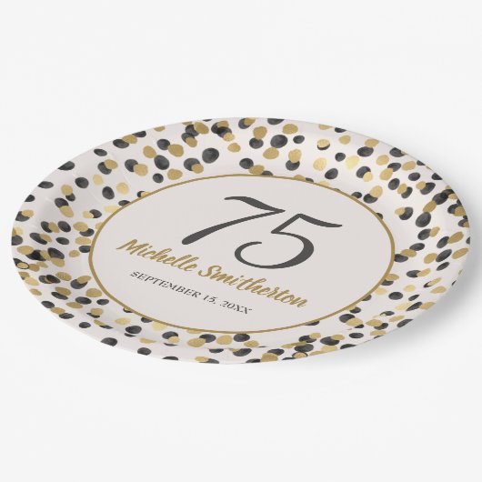 Black Gold Glitter Confetti 75th Birthday Papieren Bordje (Gekanteld)