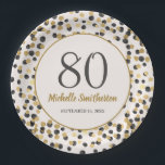 Black Gold Glitter Confetti 80th Birthday Papieren Bordje<br><div class="desc">Elegant zwart en goudglitter borden van het 80ste verjaardagsfeestje op maat van jouw naam,  leeftijd en feestdatum. Alle tekst kan worden aangepast zodat u deze papieren borden kunt ontwerpen voor elke leeftijd wanneer u de ontwerpgereedschappen van Zazzle gebruikt.</div>
