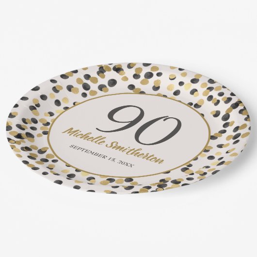 Black Gold Glitter Confetti 90th Birthday Papieren Bordje (Gekanteld)