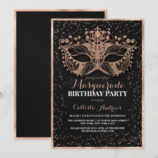 Black Gold Glitter Confetti Masquerade Birthday Kaart (Voorkant / Achterkant)