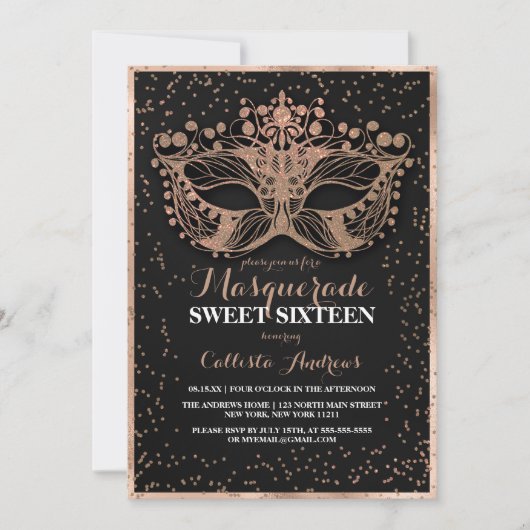 Black Gold Glitter Confetti Masquerade Sweet 16 Kaart (Voorkant)