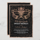 Black Gold Glitter Confetti Masquerade Sweet 16 Kaart (Voorkant / Achterkant)