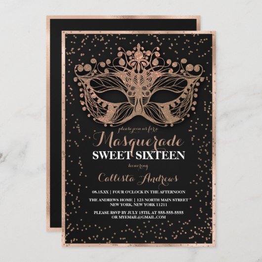 Black Gold Glitter Confetti Masquerade Sweet 16 Kaart (Voorkant / Achterkant)
