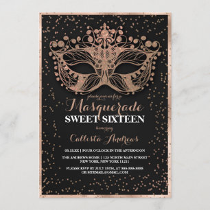 Black Gold Glitter Confetti Masquerade Sweet 16 Kaart