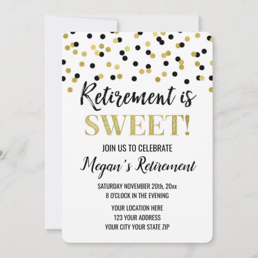 Black Gold Glitter Confetti Retirement Party Kaart (Achterkant)