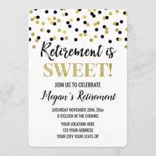 Black Gold Glitter Confetti Retirement Party Kaart
