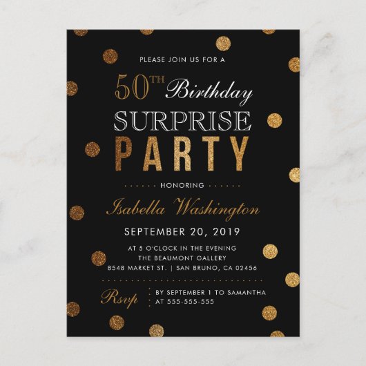 Black & Gold Glitter Confetti Surprise Party Uitnodiging Briefkaart (Voorkant)