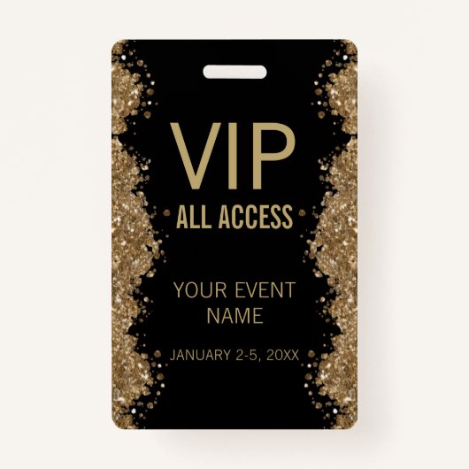 Black Gold Glitter Event VIP All Access Pass ID  Badge (Voorkant)