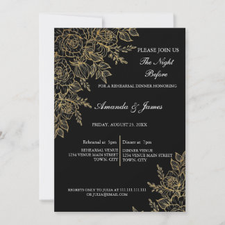 Black Gold Glitter Floral Photo Rehearsal Dinner  Kaart