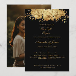 Black Gold Glitter Floral Photo Rehearsal Dinner  Kaart