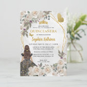 Black Gold Glitter Floral Princess Quinceañera Kaart (Staand voorkant)