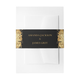 Black Gold Glitter Floral Wedding Invitation  Uitnodigingen Wikkel