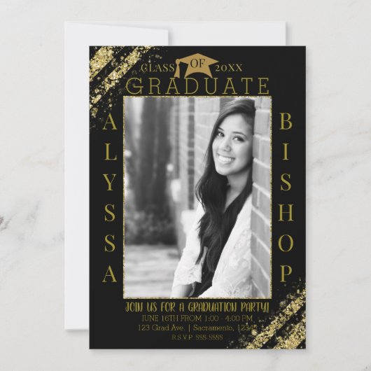 Black Gold Glitter Foto Afstuderen Afstuderen Part Kaart (Voorkant)