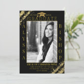Black Gold Glitter Foto Afstuderen Afstuderen Part Kaart (Staand voorkant)