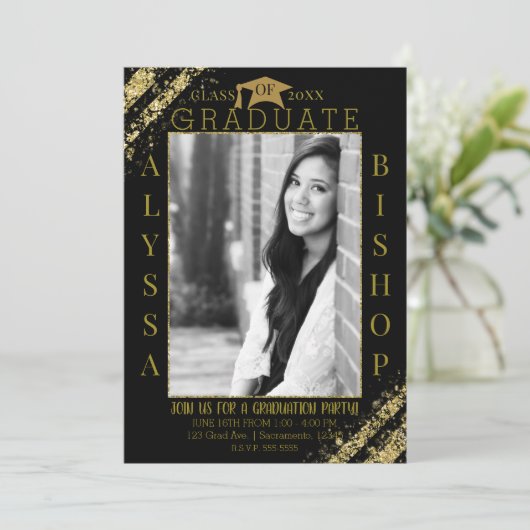 Black Gold Glitter Foto Afstuderen Afstuderen Part Kaart (Staand voorkant)