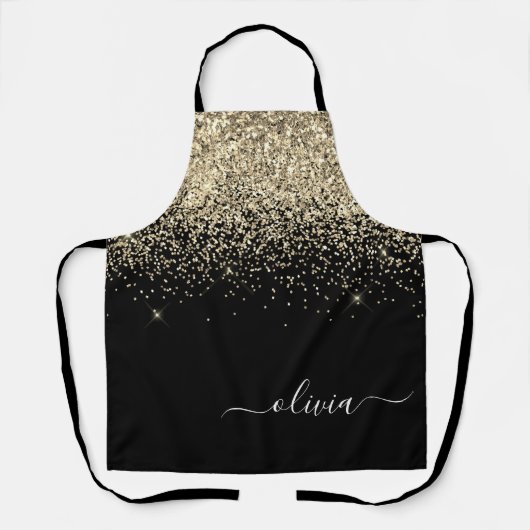 Black Gold Glitter Girly Monogram Naam Schort (Voorkant)