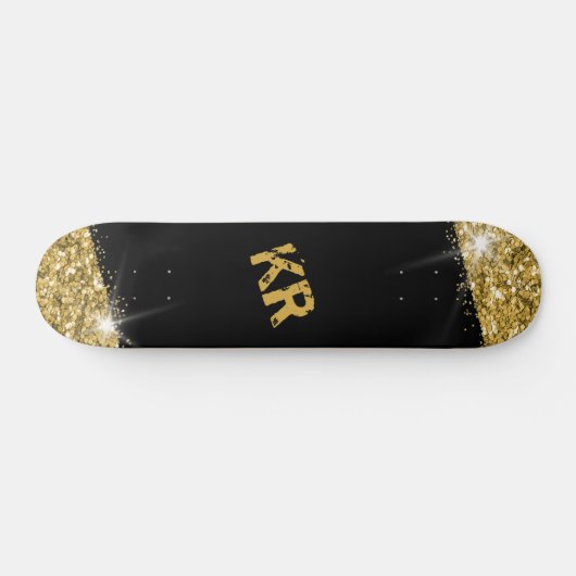 Black Gold Glitter Girly Monogram Persoonlijk Skateboard (Horizontaal)