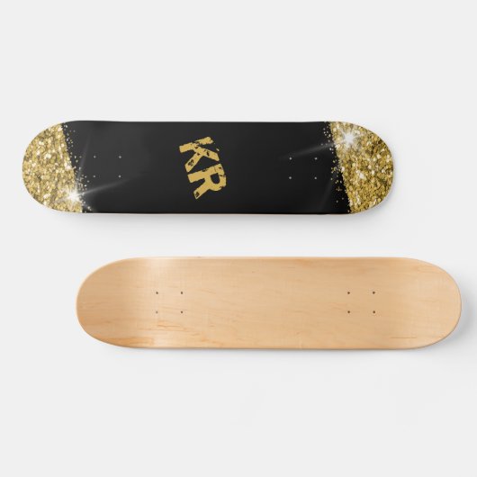 Black Gold Glitter Girly Monogram Persoonlijk Skateboard (Horizontaal)