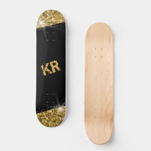 Black Gold Glitter Girly Monogram Persoonlijk Skateboard (Voorkant)