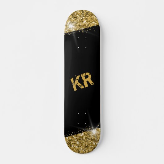 Black Gold Glitter Girly Monogram Persoonlijk Skateboard (Voorkant)