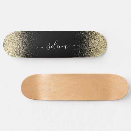 Black Gold Glitter Girly Monogram Persoonlijk Skateboard (Horizontaal)