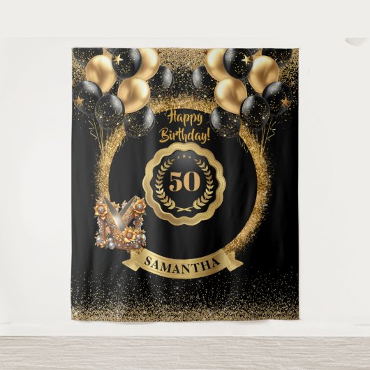 Black Gold Glitter Glam 50e verjaardag achtergrond Wandkleed (Voorkant)