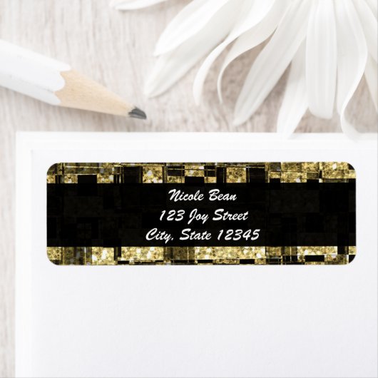 Black Gold Glitter Glam Chic Squares Adres Label (Insitu)