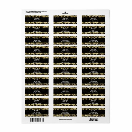 Black Gold Glitter Glam Chic Squares Adres Label (Full Sheet)