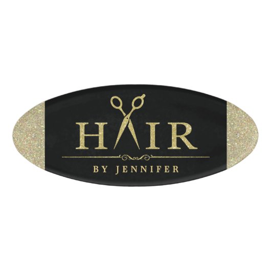 Black Gold Glitter Hair Stylist Scissers Logo Naambadge (Voorkant)