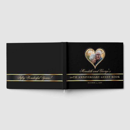 Black Gold Glitter Heart Foto 50e Jubileum Gastenboek (Volledig)