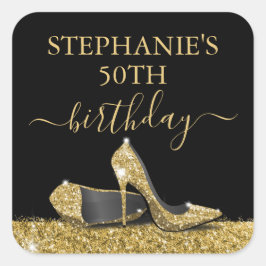 Black Gold Glitter High Heels Birthday Favor Vierkante Sticker