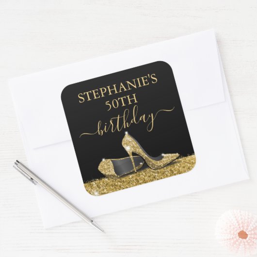 Black Gold Glitter High Heels Birthday Favor Vierkante Sticker (Envelop)