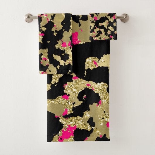 Black Gold Glitter Hot Pink Abstract Peeling Glam Bad Handdoek (Insitu)