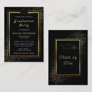Black Gold Glitter ingelijst Afstuderen Invitation Notitiekaartje