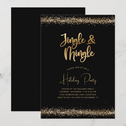 Black Gold Glitter Jingle en Mingle Holiday Party Kaart (Voorkant / Achterkant)