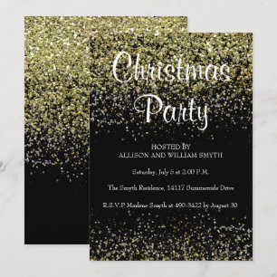 Black & Gold Glitter Kerstfeest Uitnodigingen