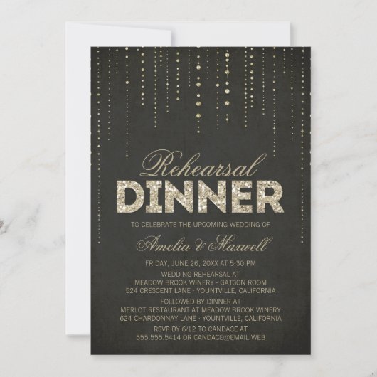 Black & Gold Glitter-look Rehearsal Dinner Invite Kaart (Voorkant)