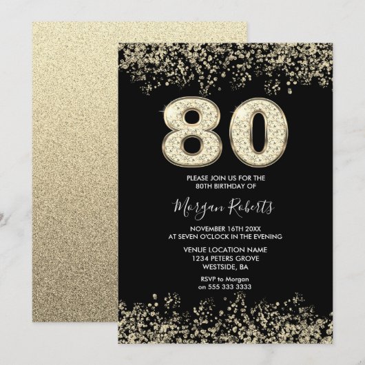 Black Gold Glitter Mannen vrouwen 80th Birthday Pa Kaart (Voorkant / Achterkant)