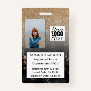 Black Gold Glitter Marble Foto Logo Medewerker ID Badge