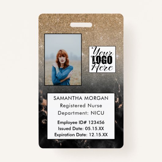 Black Gold Glitter Marble Foto Logo Medewerker ID Badge (Voorkant)